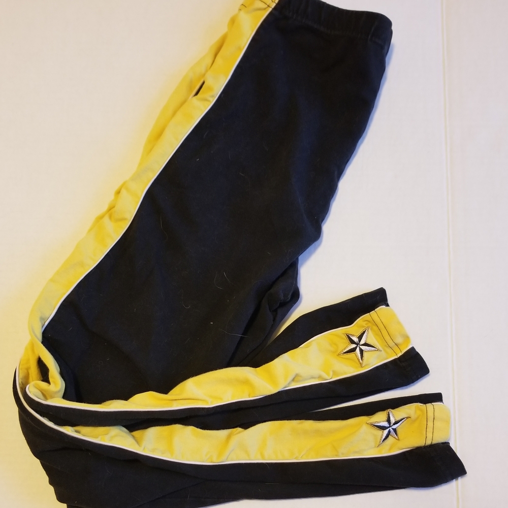 Vtg Mondi Sport Women's Black Leggings w Ruched Yellow Side Stripe & Star EU 34